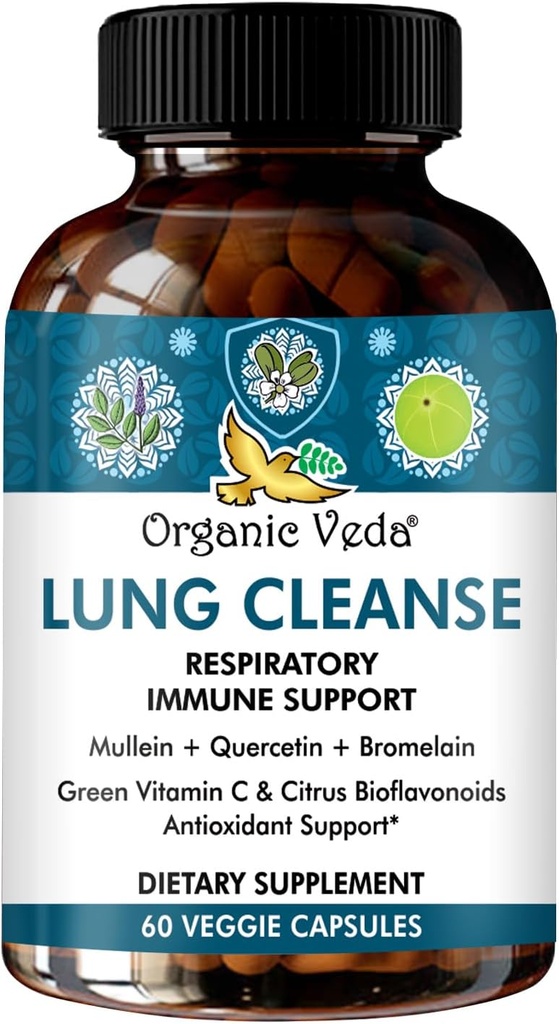 Organic Veda Mullein Turmeric Quercetin Lung Cleanse Capsules - puissants bioflavonoïdes, Superfruits Vitamine C, Bromelain, Mullein Leaf Extract - Supplément Bronchial et clair de poumons - 60 pilules végétaliennes