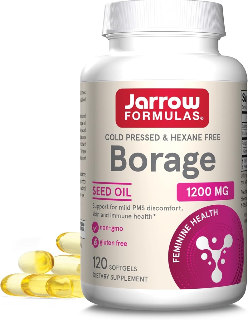 Formules de jarrow Borage 1200 mg - 120 Softgels - Source de GLA - Supplément d'huile de borage - pour la santé de la peau et le soutien du système immunitaire, support léger pour les troubles du SPM - jusqu'à 120 portions