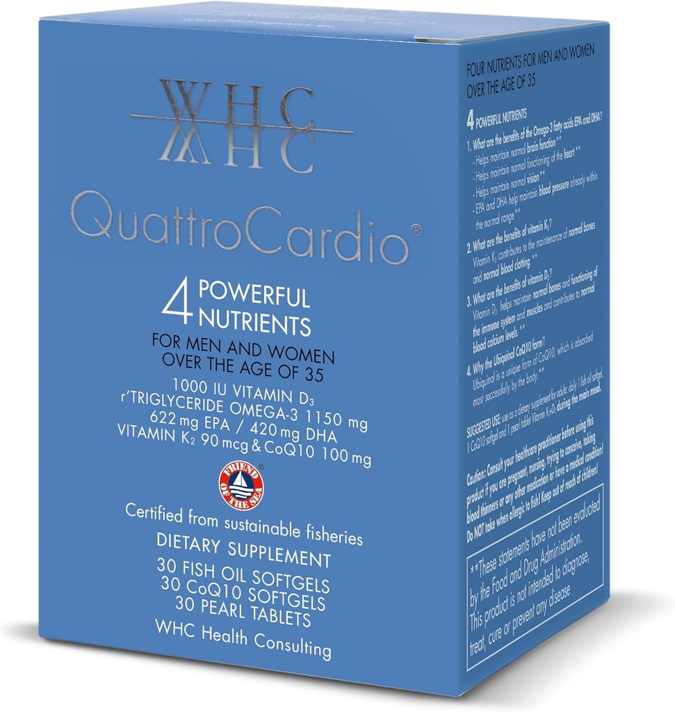 WHC QuattroCardio Omega-3 1200 mg, Vitamine D3 1000 UI, EPA 600 mg, DHA 495 mg, Vitamine K2 90 mcg, CoQ10 100 mg, Orange naturel, 30 softgels d'huile de poisson, 30 CoQ10 Softgels et 30 comprimés de perles Vitamine K2+D3