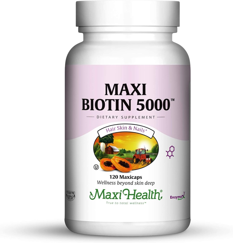 Maxi Health Biotin 5000 mcg – Vitamines de la peau et des ongles pour les femmes et les hommes – supplément de vitamine B7 de haute puissance pour la croissance des cheveux, ongles forts et peau saine – Kosher, médecin – 120 capsules