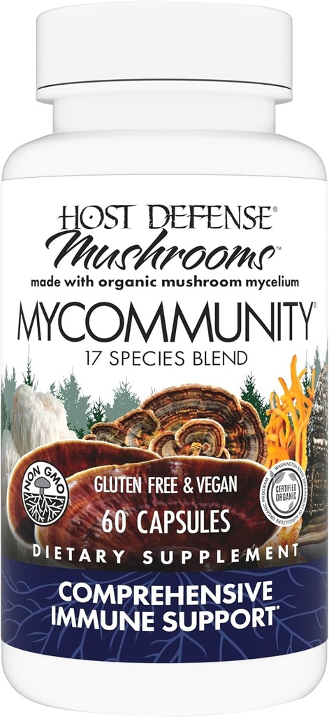 Host Defense MyCommunity Capsules - 17 espèces Mélanger le supplément de champignons pour le soutien immunitaire - Herbal Aid with Lion's Mane, Reishi. Chaga, Cordyceps, Turkey Tail & More - 60 capsules (30 portions)*
