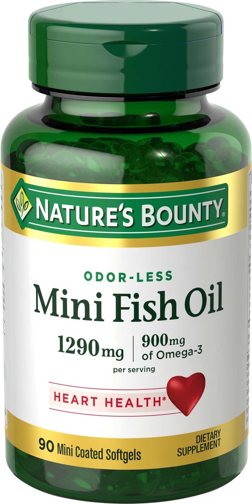Mini huile de poisson de la nature Bounty Softgels, sans Burpless huile de poisson Oméga 3 suppléments, soutient la santé cardiaque, 90 Softgels (paquet de 1)