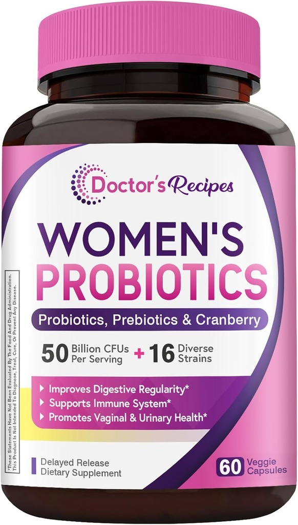 Recettes de médecin Femmes Probiotique, 60 capsules 50 milliards CFU 16 souches, avec canneberge biologique, santé vaginale et urinaire digestive, plateau stable, libération retardée, sans lait de gluten de soja