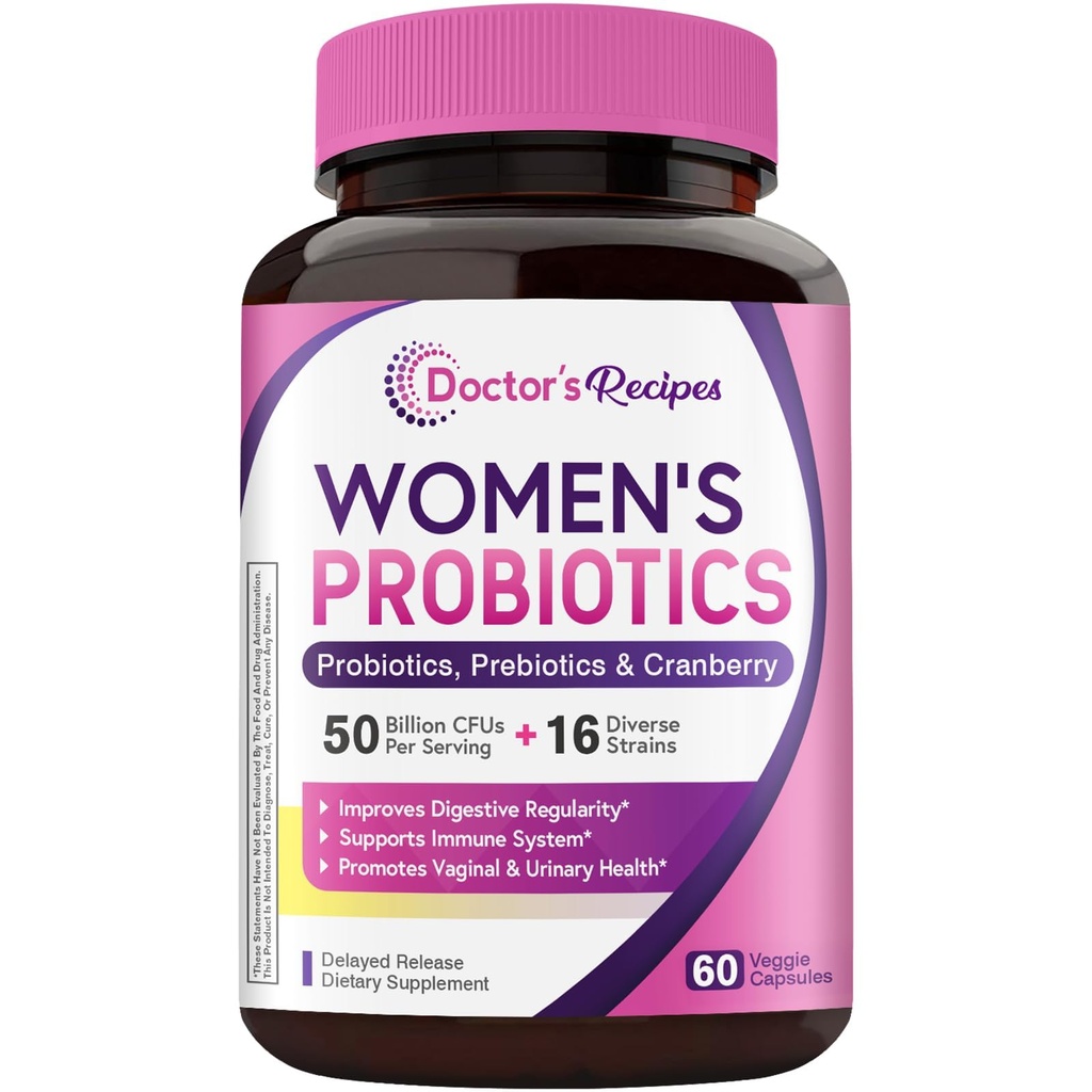 Recettes de médecin Probiotique pour femmes, 60 capsules 50 milliards CFU 16 souches, avec canneberge biologique, santé vaginale et urinaire digestive, plateau stable, libération retardée, sans lait de gluten de soja