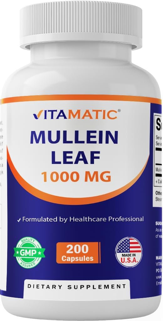 Feuille de Mulléine Vitamatique 1000mg par portion - Soutient une fonction respiratoire, bronchiale et immunitaire saine - 200 Capsules