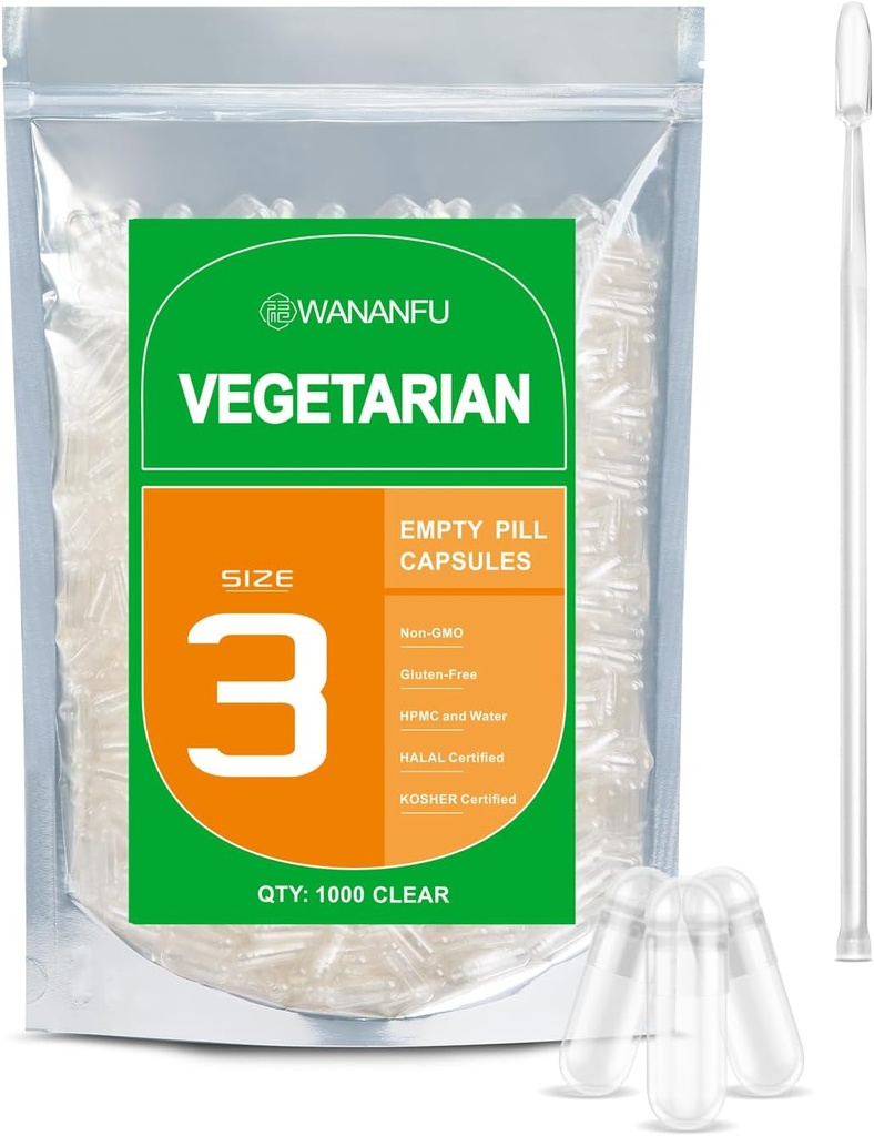 wananfu Taille 3 Capsules vides Végétarien (500 Nombre) Bundle avec 2 cuillères Micro Lab, Effacer Capsules Veggie Pill Taille 3 pour faire vos propres suppléments