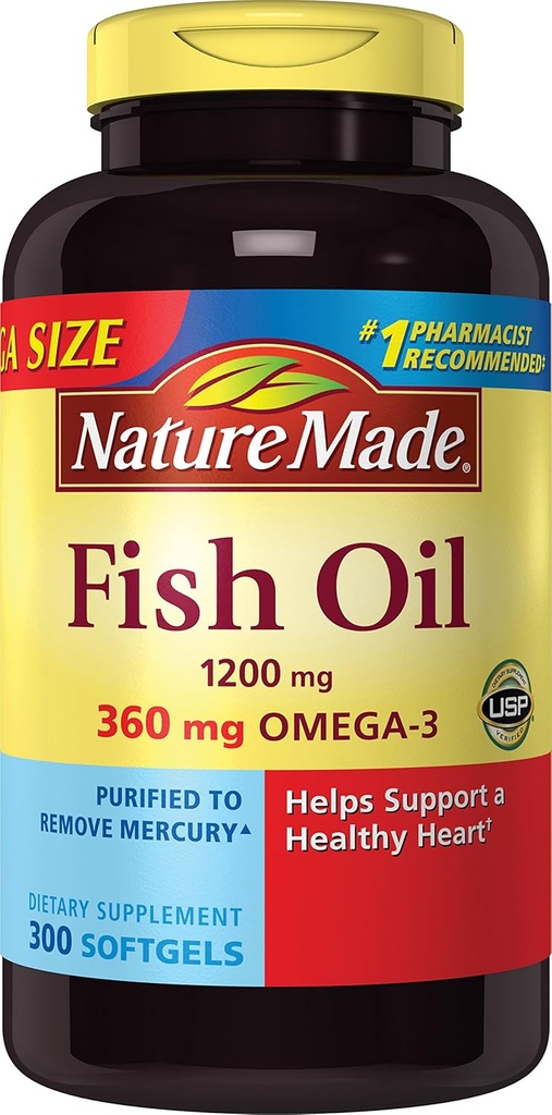 Nature faite 1200mg d'huile de poisson, 2400 par service, 360mg d'oméga-3, 300 Softgels, 300 Nombre (paquet de 1)