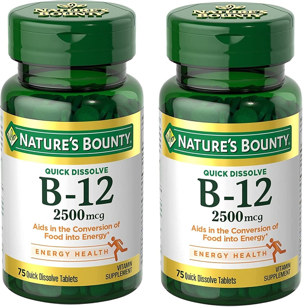 Nature's Bounty Vitamin B12 2500 mcg, Cellular Energy Support, for Energy Metabolism, Heart & Nervous System Health, 75 Quick Dissolve Tablets (Pack of 2)