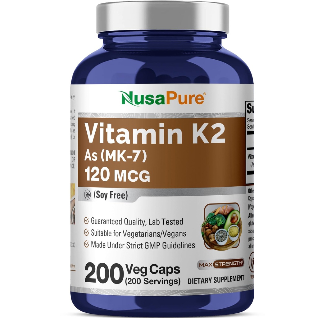NusaPure Vitamine K2 MK7 120 mcg 200 Caps végétatifs (sans soie, sans OGM, végétalien)