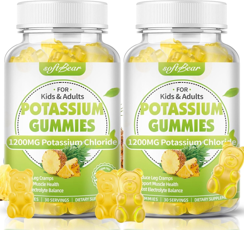softbear Potassium Chloride Gummies 1200mg, Sugar-Free Potassium Gummies for Adults Support Leg Cramps High Potency Potassium Chloride Supplement, Pineapple Flavor 120 Count