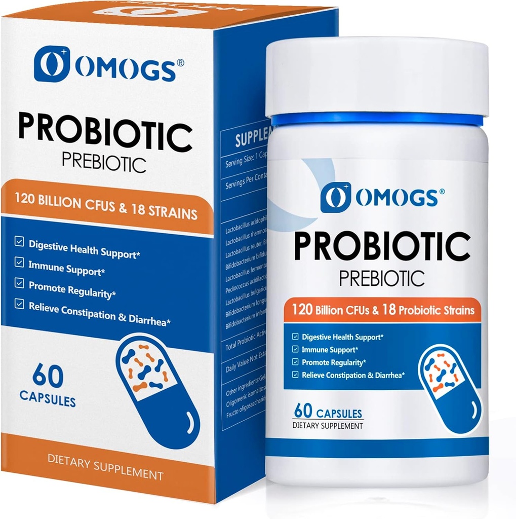 OMOGS Probiotiques 120 Million CFUs 18 souches, 3 prébiotiques et enzymes digestives, aide la digestion, la santé gustative, immunitaire, soutient la constipation occasionnelle, la diarrhée et le gaz - pour les femmes et les hommes, 60 capsules