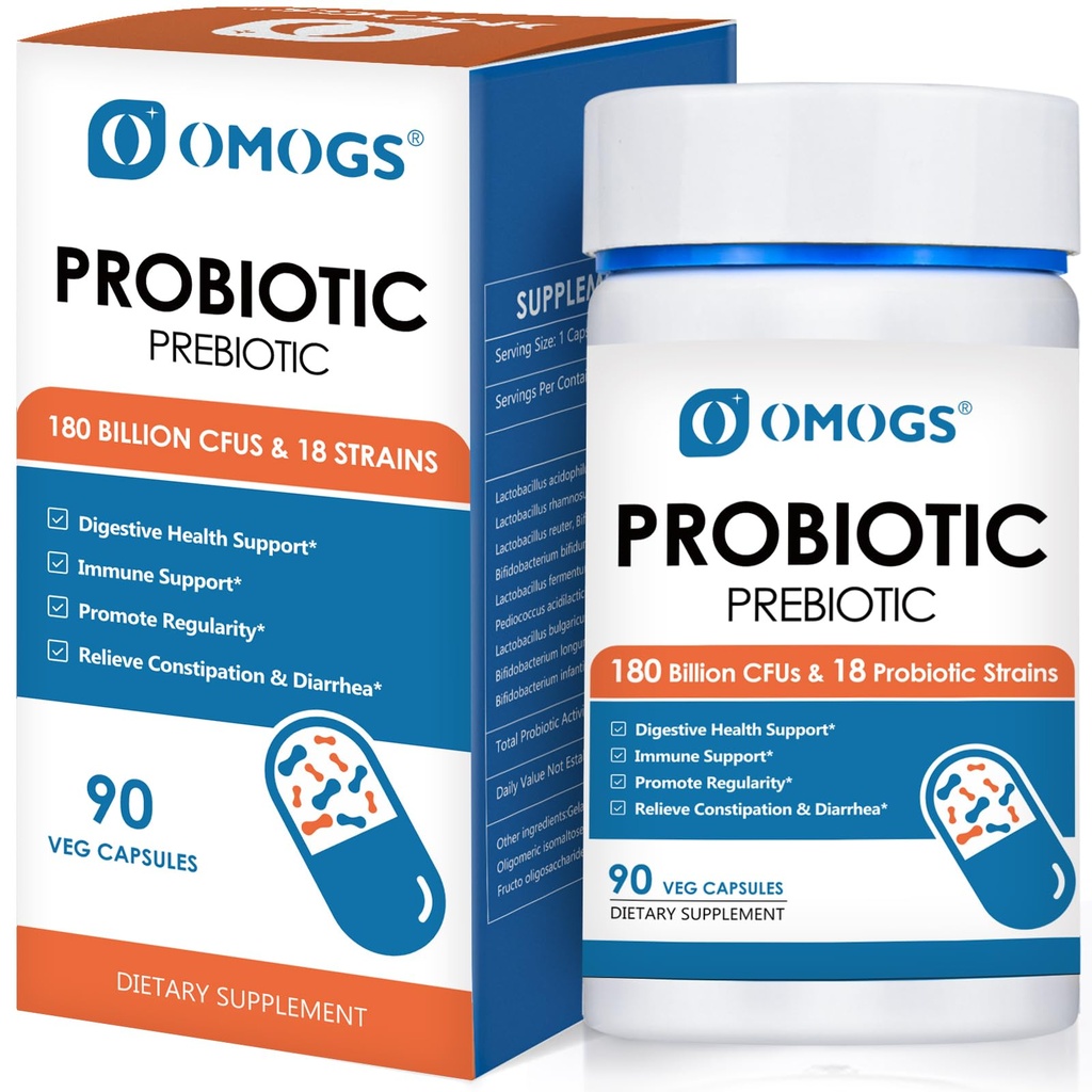 OMOGS Probiotiques 120 Million CFUs 18 souches, 3 prébiotiques et enzymes digestives, aide la digestion, la santé gustative, immunitaire, soutient la constipation occasionnelle, la diarrhée et le gaz - pour les femmes et les hommes, 60 capsules