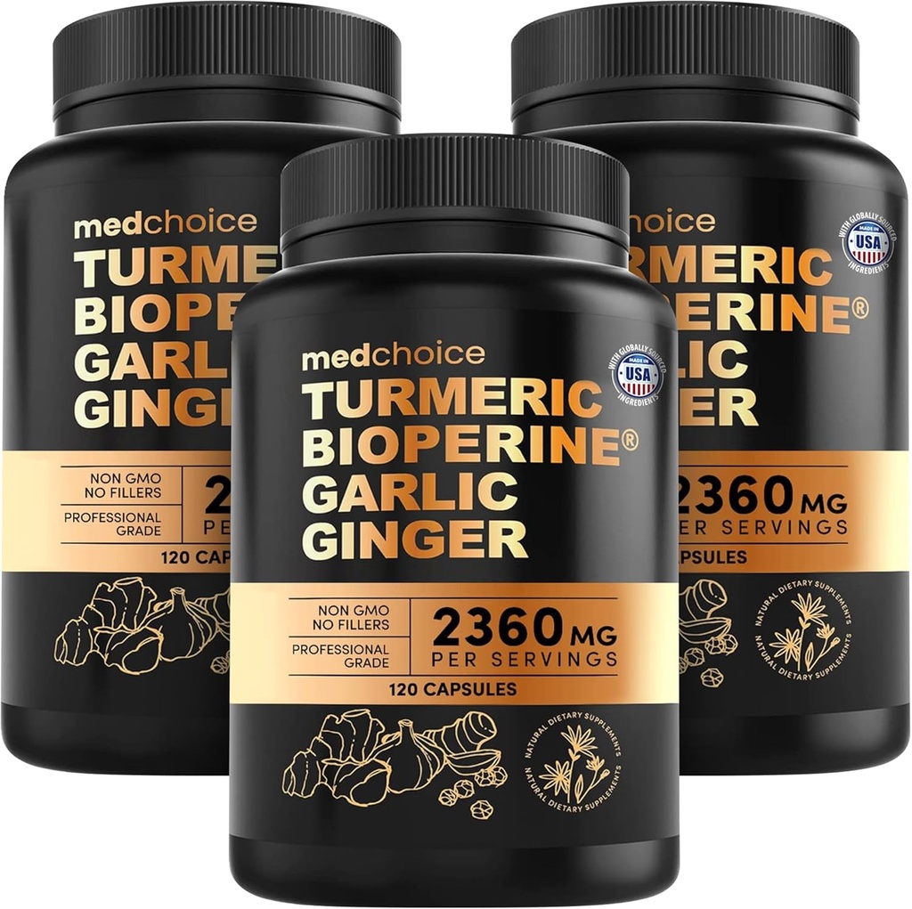 4-in-1 Turmeric and Garlic Supplements with BioPerine – 2360mg Turmeric Ginger Root Capsules with Garlic – High Potency Herbal Blend (120 ct, Pack of 3)