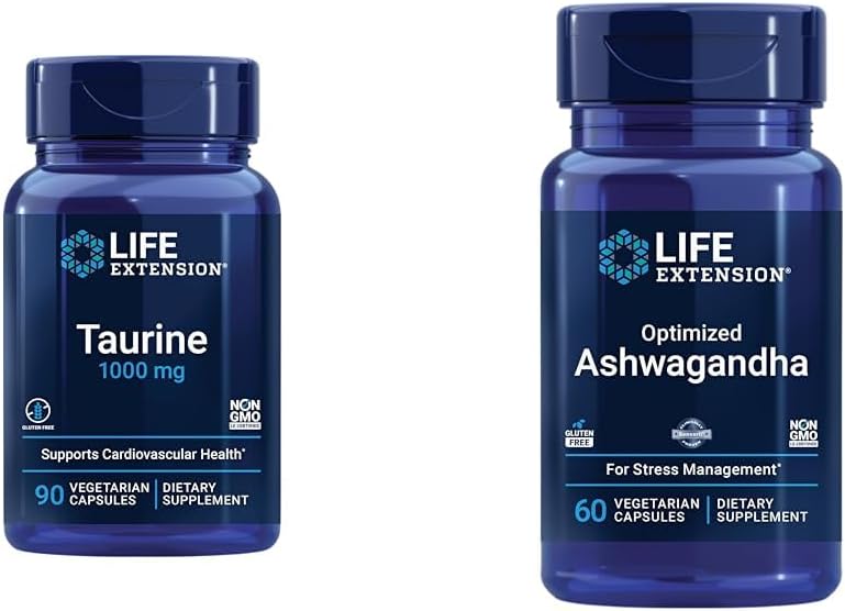 Prolongation de vie Taurine 1000mg et Ashwagandha 60 Capsules - Cerveau, coeur, foie Santé et supplément de gestion du stress