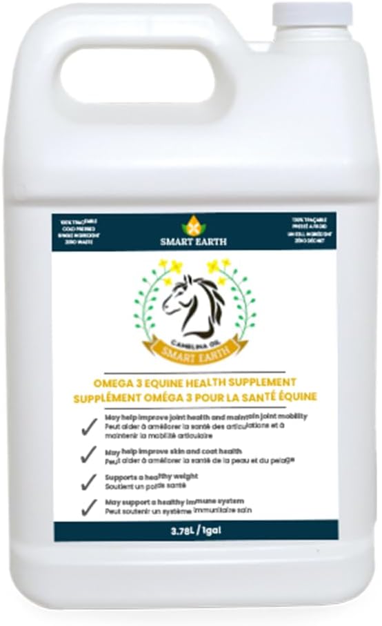 100 % huile de camelina pure pour chevaux – Oméga 3 et supplément riche en vitamine E pour manteau, hooves, arthrite, articulations, gain de poids et ulcères – fausse huile de lin fabriquée au Canada par Smart Earth, 1gal.