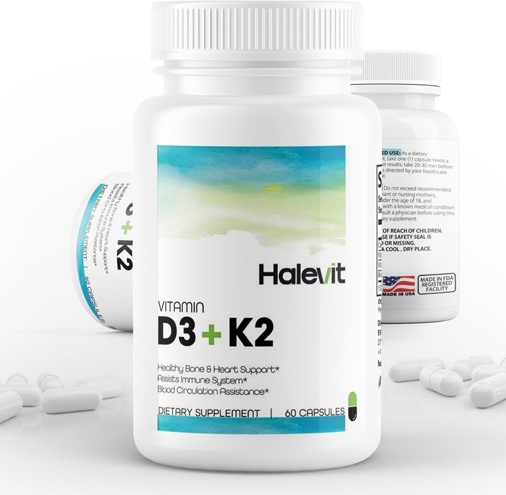 Vitamine D3+K2 avec BioPerine , Testé par un tiers , 5000 UI de D3 pour l'absorption optimale de calcium , 100 mcg de vitamine K2 , Facile à avaler , Immune Health Support + Sac