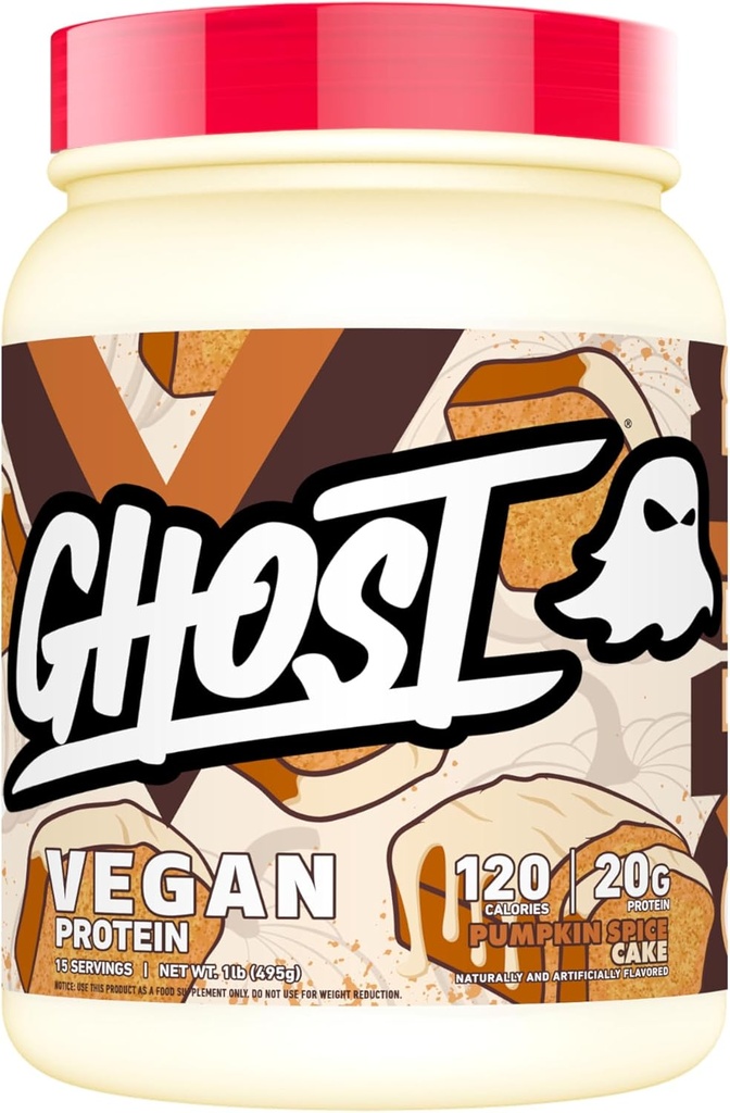 GHOST Poudre de protéines végétales, Cake d'épices de citrouille - 1LB Tub, 20G de protéines - Mélange de protéines de pois, de citrouille biologique et de pastèque à base de plantes - Assaisonnement après l'entraînement - Sans soja et sans gluten