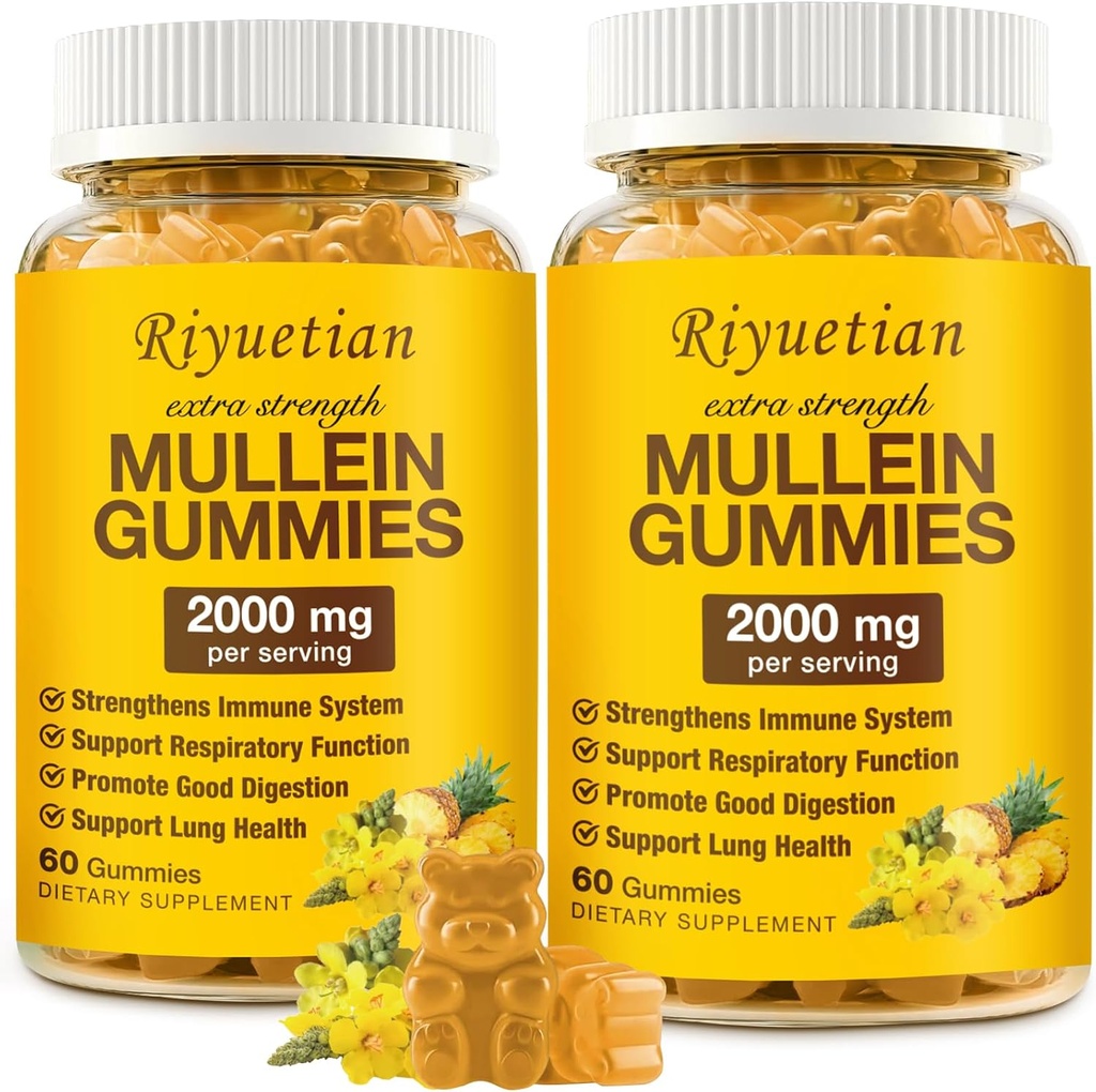 Mullein Gummies, 2000mg Extrait de feuille de Mullein biologique pour les poumons clairs, Boost respiratoire et digestif, Immune Booster pour adultes et enfants, Allergie Friendly, Non-OGM, 120 Gummies