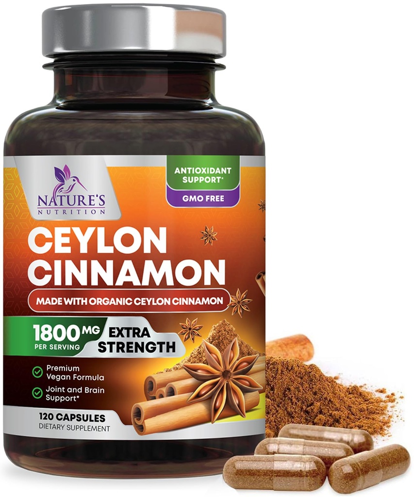 Supplément de cannelle biologique Ceylan 1800mg - Pilules en poudre de cannelle biologique certifiée Ceylan - Energy & Heart Support for Women & Men, mis en bouteille aux États-Unis, Antioxydant, Sans gluten, Non-OGM - 120 capsules