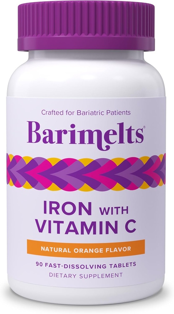 Barimélts Fer avec vitamine C, 90 comprimés à dissolution rapide (1-Mois d'approvisionnement), supplément de fer bariatrique sans sucre pour les femmes, saveur d'orange naturelle