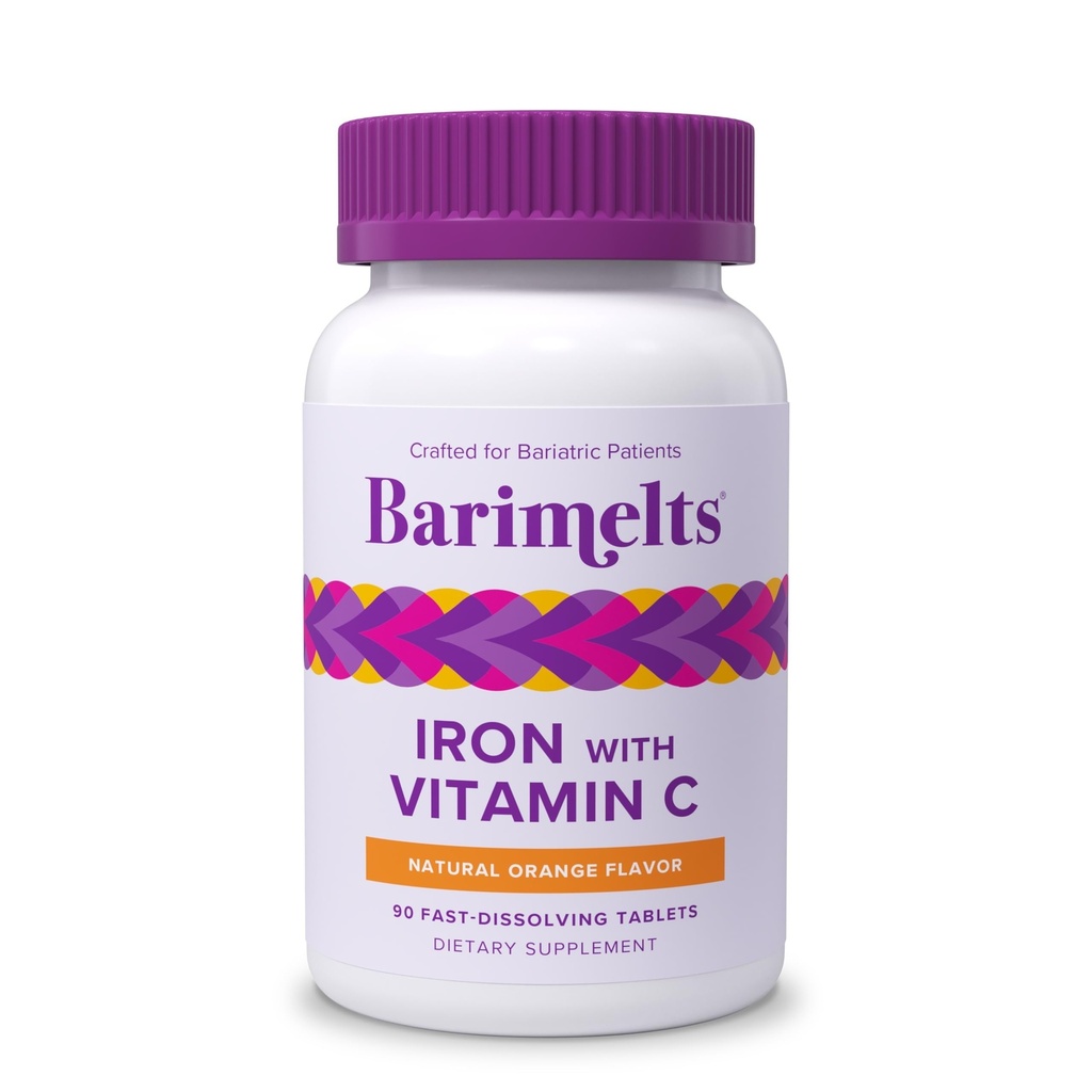 Barimelts Fer avec vitamine C, 90 comprimés à dissolution rapide (1-Mois d'approvisionnement), supplément de fer bariatrique sans sucre pour les femmes, saveur d'orange naturelle