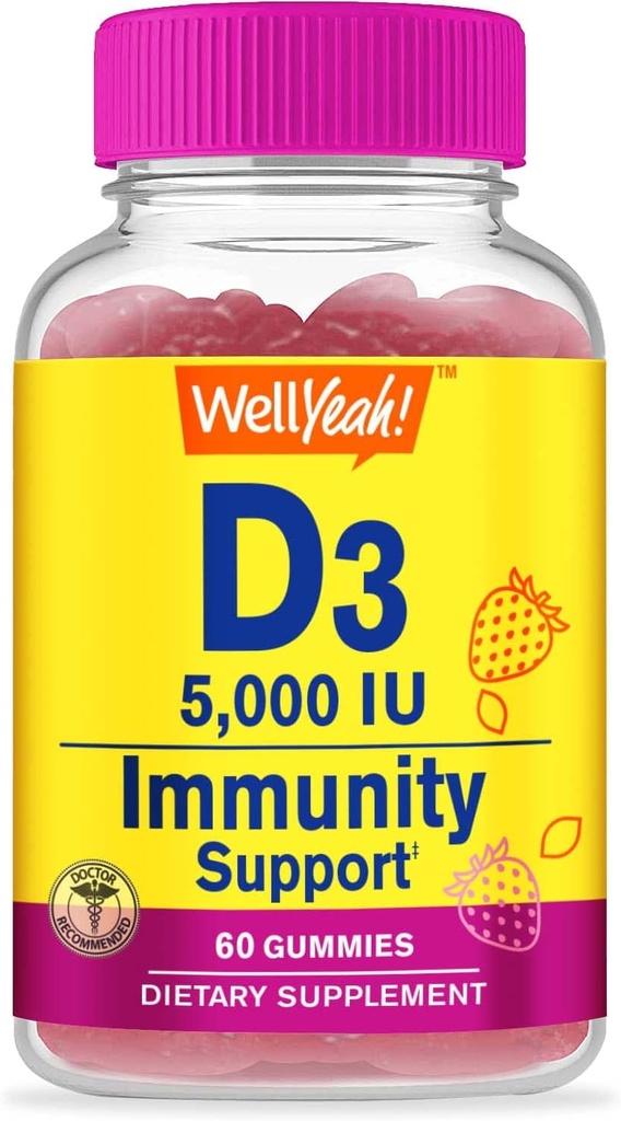 Eh bien oui Vitamine D3 5000 UI (125 mcg) Gommies extra-strength -pour la santé des os, le booster immunitaire, le os et les dents Support -Non OGM, sans gluten, sans noix, végétarien - Arôme des mûres -60 Gommies
