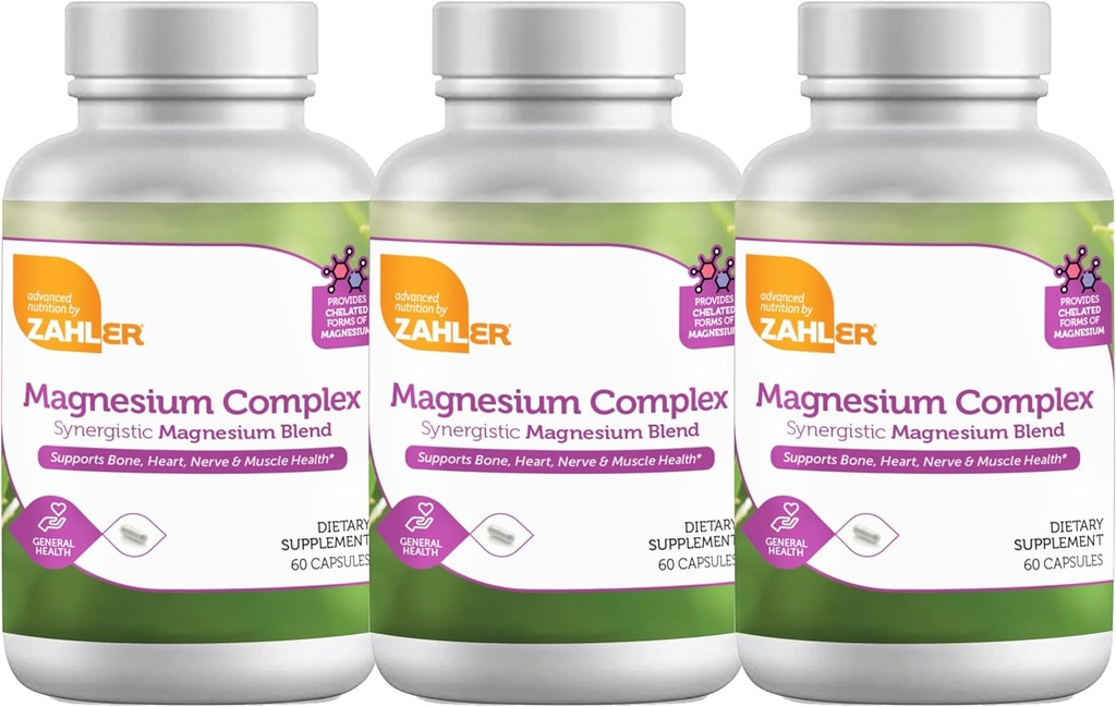 Complexe Magnésium de Zahler Mélange de magnésium synergique, soutient la santé osseuse, cardiaque, nerveuse et musculaire, 180 capsules.