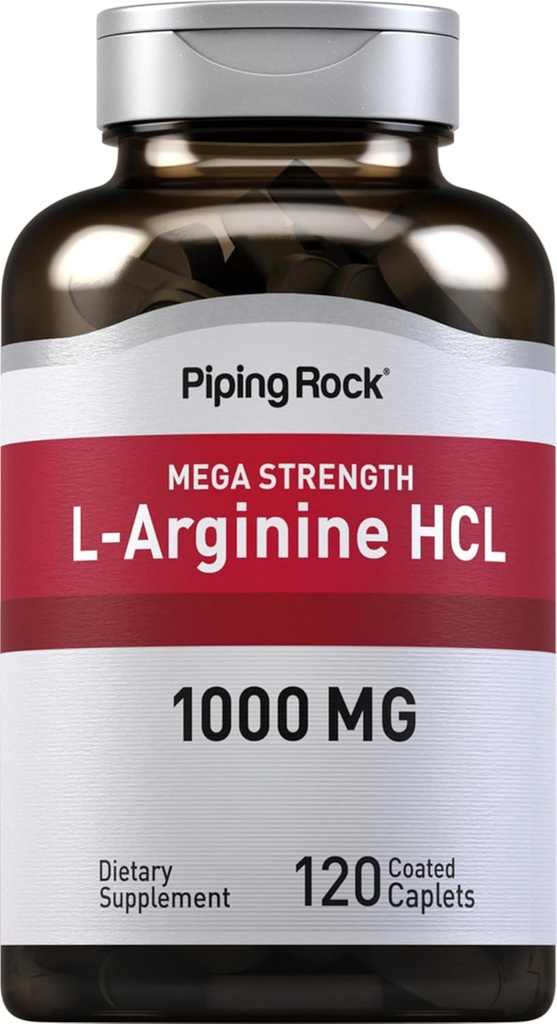 Piping Rock L-Arginine HCl 1000 mg , 120 Caplets , Supplément pour hommes et femmes Mega Strength , Végétarien, Non-OGM, Sans gluten