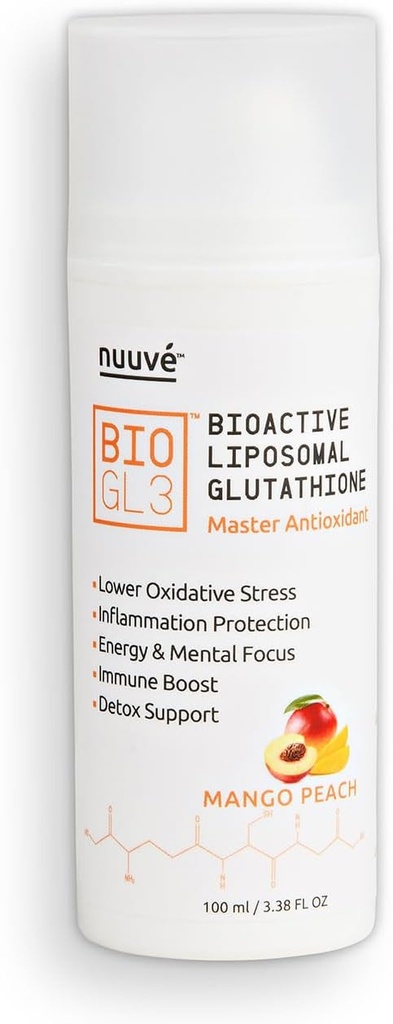 BIOGL3 Glutathion liposomique bioactif 446mg. Ultra Potent pur breveté dans distributeur airless. Absorption rapide, baisse le stress oxydatif et l'inflammation. +Énergie, Detox, Immune Boost, Focus