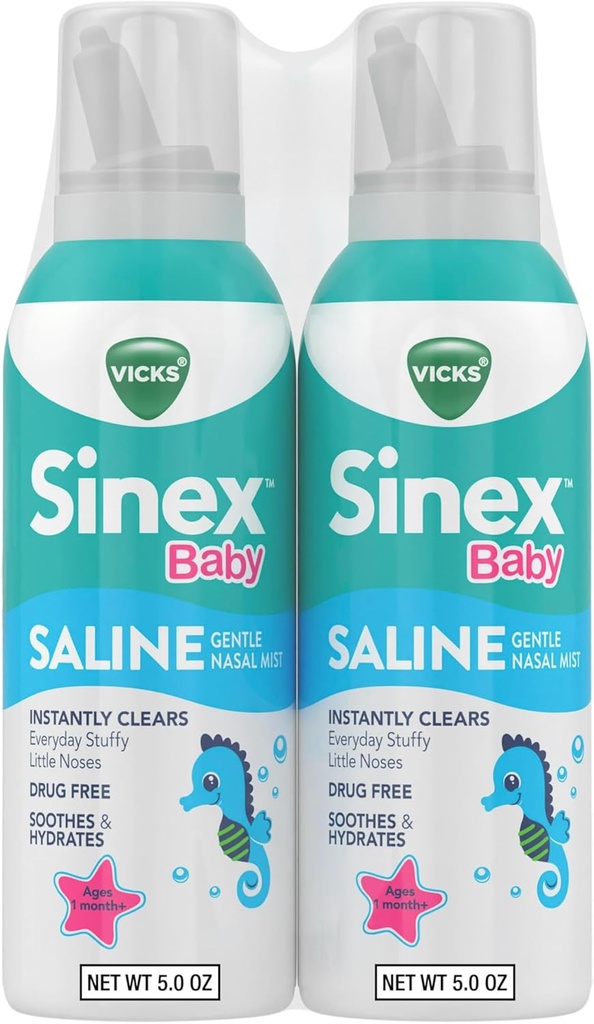 VICKS Sinex Baby Saline Nasal Spray, sans drogue doux Nasal Mist, efface instantanément tous les jours Stuffy Petits nez, apaise et hydrate, sans danger pour l'usage quotidien, doux pour tous les âges, 5 OZ x 2