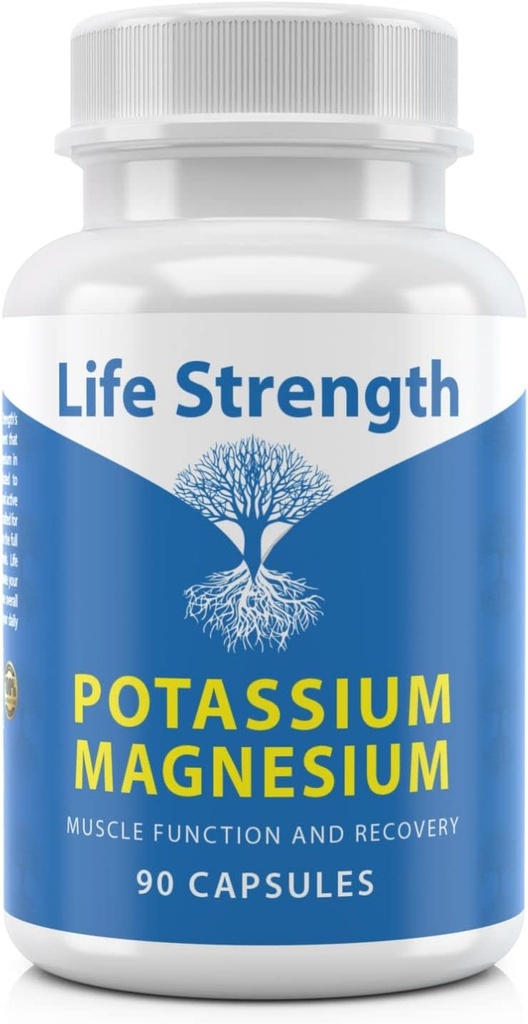 Supplément Complexe Magnésium Potassium Life Strength - 90 Capsules - Soutien Magnésium Haute Absorption Santé vasculaire & Crampe des jambes