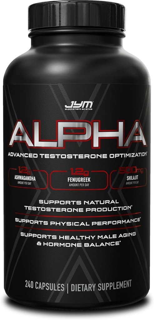 Alpha JYM X Advanced Hormone Optimization, Vitality, Optimization, DHEA, Ashwagandha, Boron, Shilajit, Fenugreek, Eurycoma, Damiana, Quercetin, DIM, JYM Supplemental Science, 240 Capsules
