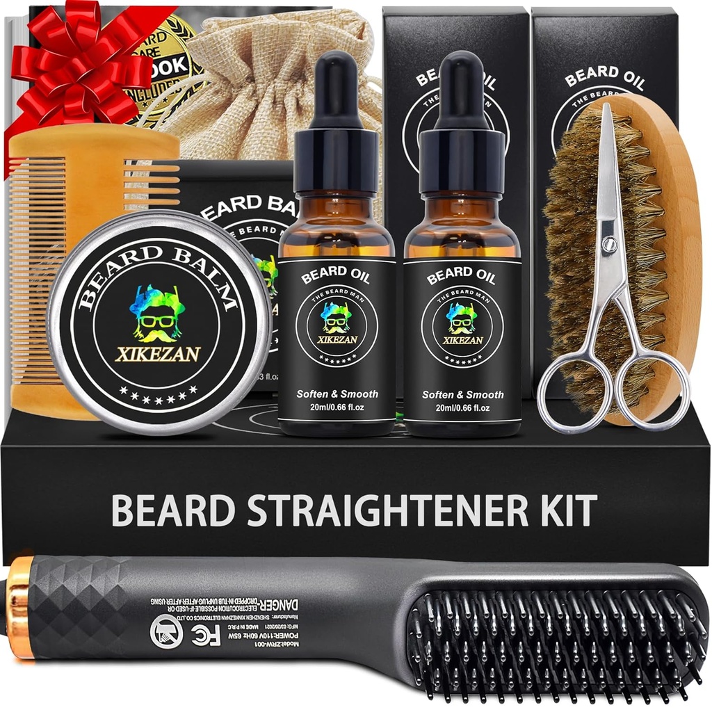 XIKEZAN Kit de barbe pour hommes Ensemble de grooming et de redressage,w/Beard Straightener, 2 Pack huile, Baume, Peigne, Ciseaux, Brosse, Anniversaire Valentins Cadeaux pour lui Papa Hommes Petit ami Bas de Noël