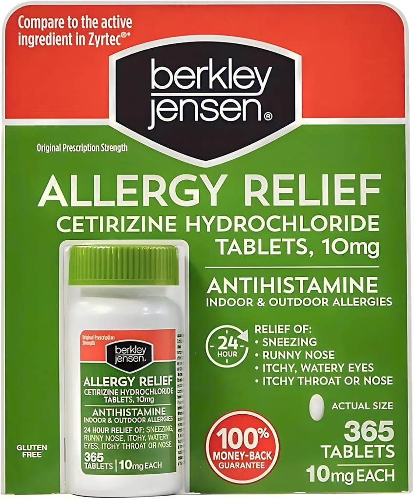 berkley jensen 24 Hour Allergy Relief (365-Count), 10 mg Cetirizine Hydrochloride Antihistamine - Fast Allergy Medicine for Indoor & Outdoor Allergies, Easy-Swallow Tablets, Compare to Zyrtec