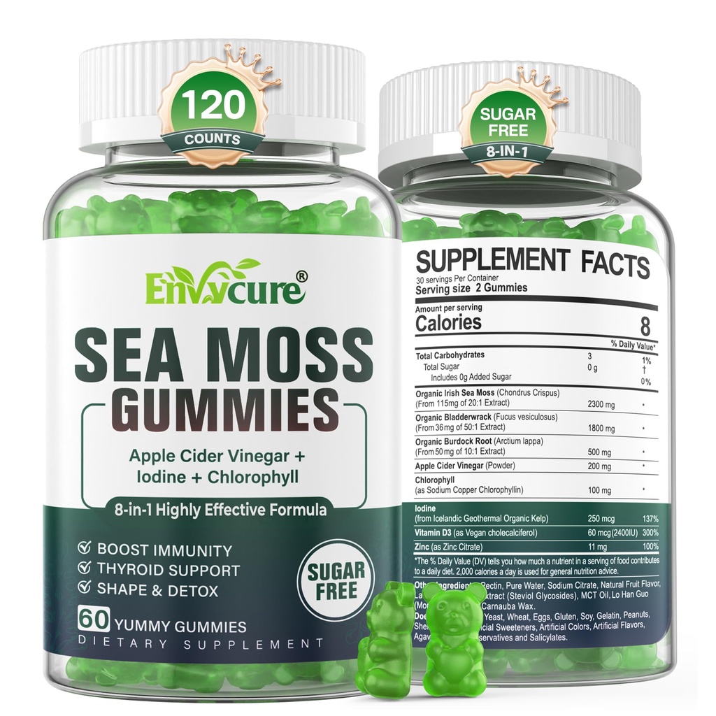 Supplément de gel de mousse de mer sans sucre, supplément de gel de mousse d'Irlande de force supplémentaire avec iode, chlorophylle, vinaigre de cidre de pomme non filtré, D3, racine de burdock, Bladderwrack pour immune, digestif, peau, cheveux, Det.