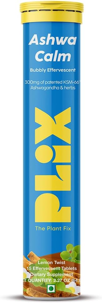 PLIX - THE PLANT FIX KSM-66 Ashwagandha 300mg Suppléments effervescents pour le stress, l'humeur et le soutien énergétique avec vitamine D3 et Brahmi - 15 Végétaux, non-OGM, comprimés sans gluten, boîte de 1