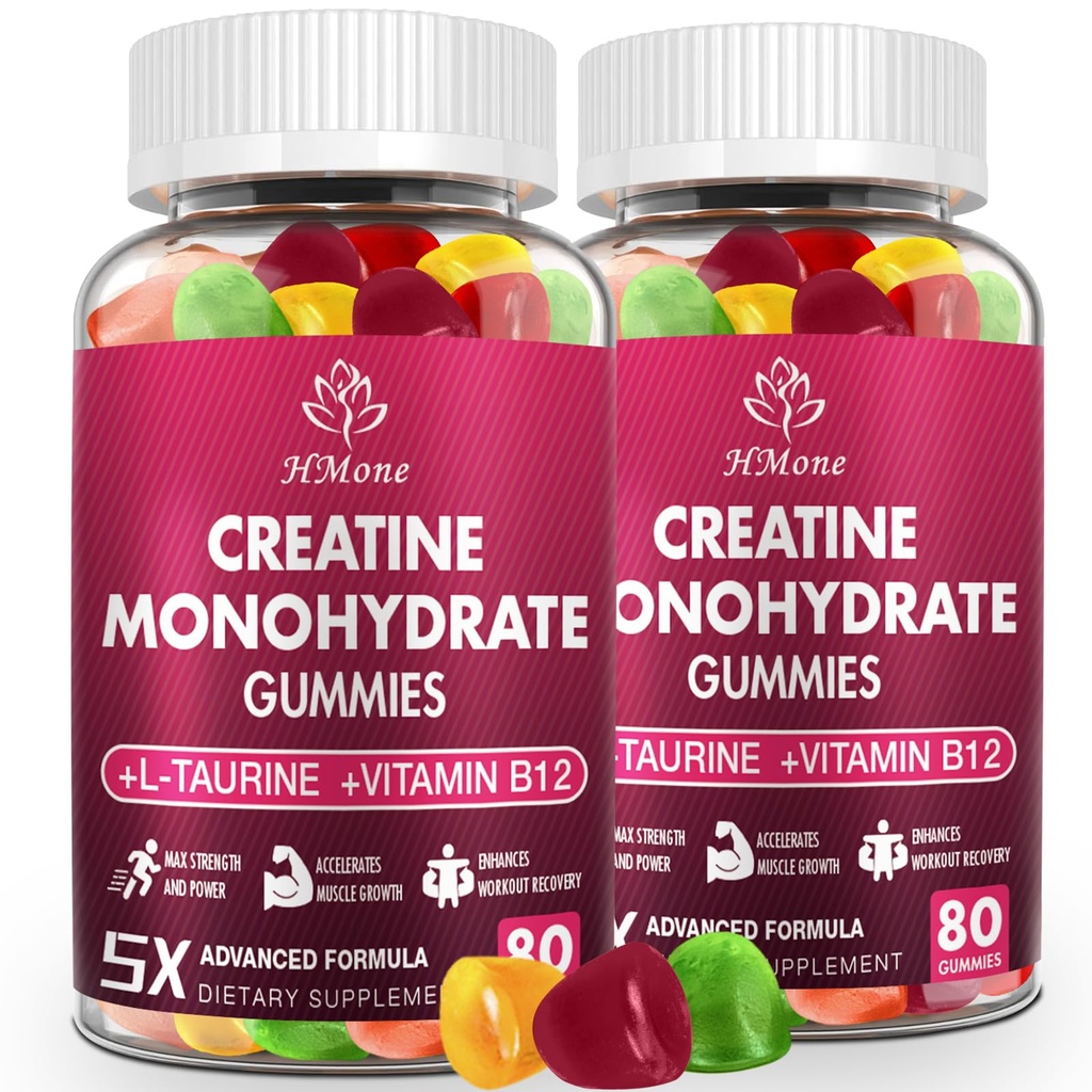 Gommies monohydratées de créatine - 5g pour les hommes et les femmes, 160 Comte et suppléments croustillants de créatine pour le gain musculaire, la force musculaire, le renforcement énergétique et le constructeur musculaire, sans sucre, végétalien