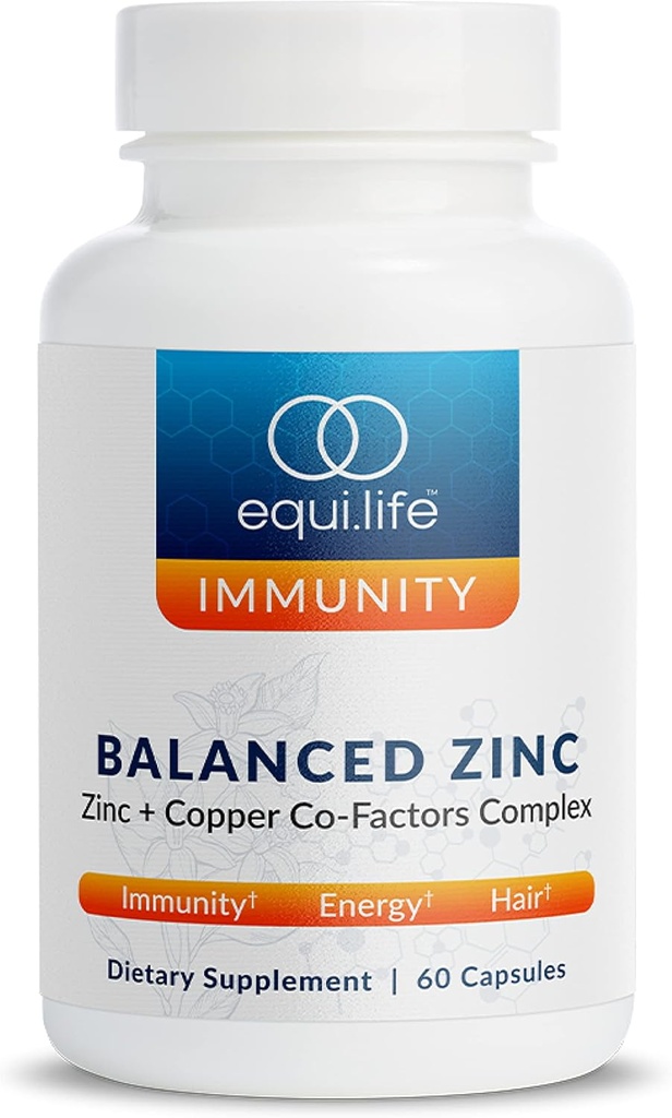 Equilife Balanced Zinc, 15 mg Zinc & Cuivre Co-Factor Complement Complex avec vitamine C et vitamine B6 pour l'immunité quotidienne et le bien-être, sans gluten, végétalien, non OGM, 60 capsules