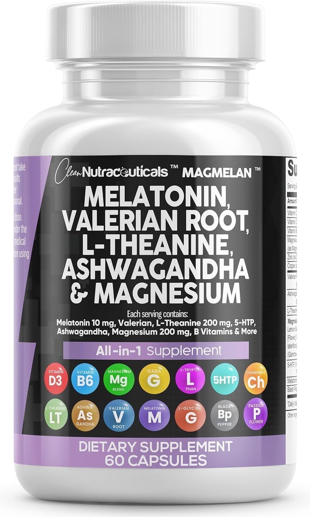 Nutraceutiques propres Melatonine 10mg La racine valériane L Theanine 200mg Ashwagandha - Soutien au sommeil pour les femmes et les hommes avec complexe de magnésium, baume citron, camomille et fleur de passion - 60 Caps