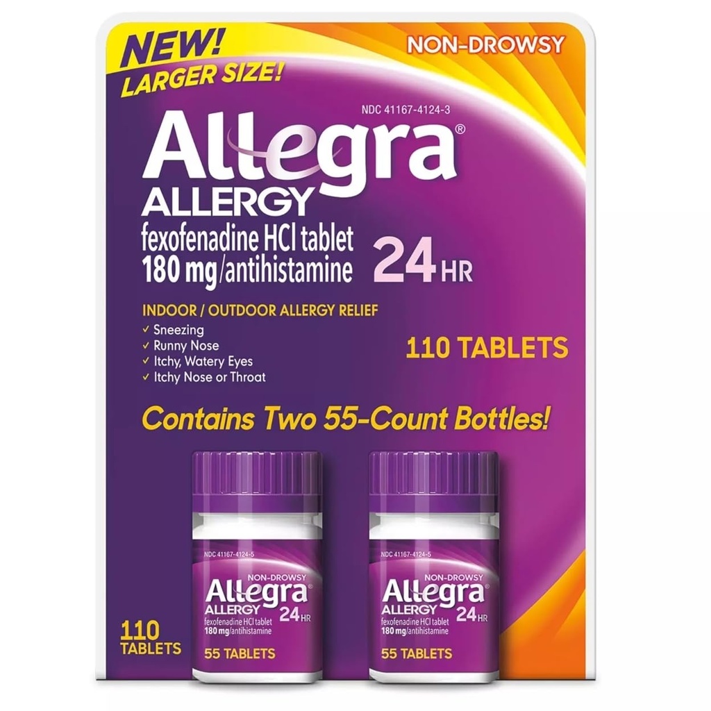 Allegra 24 heures de soulagement d'allergie intérieure et extérieure 180mg 55 comprimés, boîte de 2 (110 ct.)