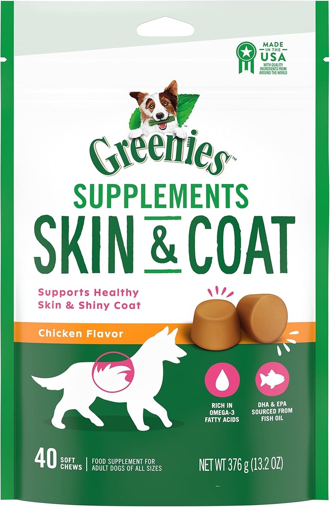 GRANDES Suppléments alimentaires pour la peau et le manteau avec huile de poisson et acides gras Omega 3, 40-Counting Chicken-Flavor Soft Chews pour chiens adultes de toutes tailles