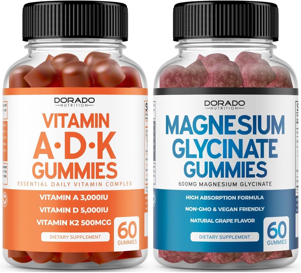 ADK Gummies Vitamine D3 K2 (60 Compte) Supplément avec supplément végétalien D & K-10 Arôme de framboise - Magnésium Glycinate (60 Compte) - Glycinates pour adultes - Non OGM, végétalien et fabriqué aux États-Unis