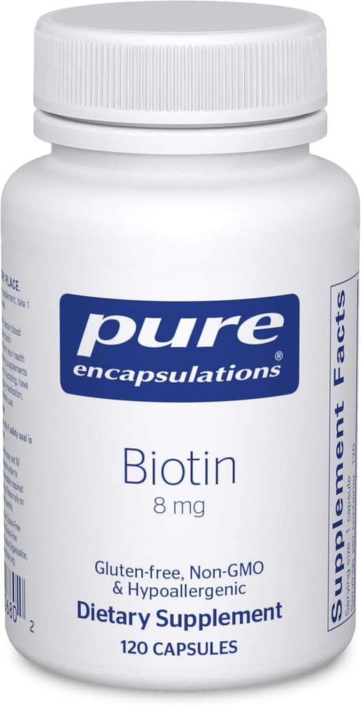 Encapsulations pures Biotin 8 mg - Supplément de vitamine B pour aider à soulager le stress, les cheveux, la peau et les ongles Renforcement, métabolisme, hydrate de carbone et système nerveux* - avec la biotine Premium - 120 capsules