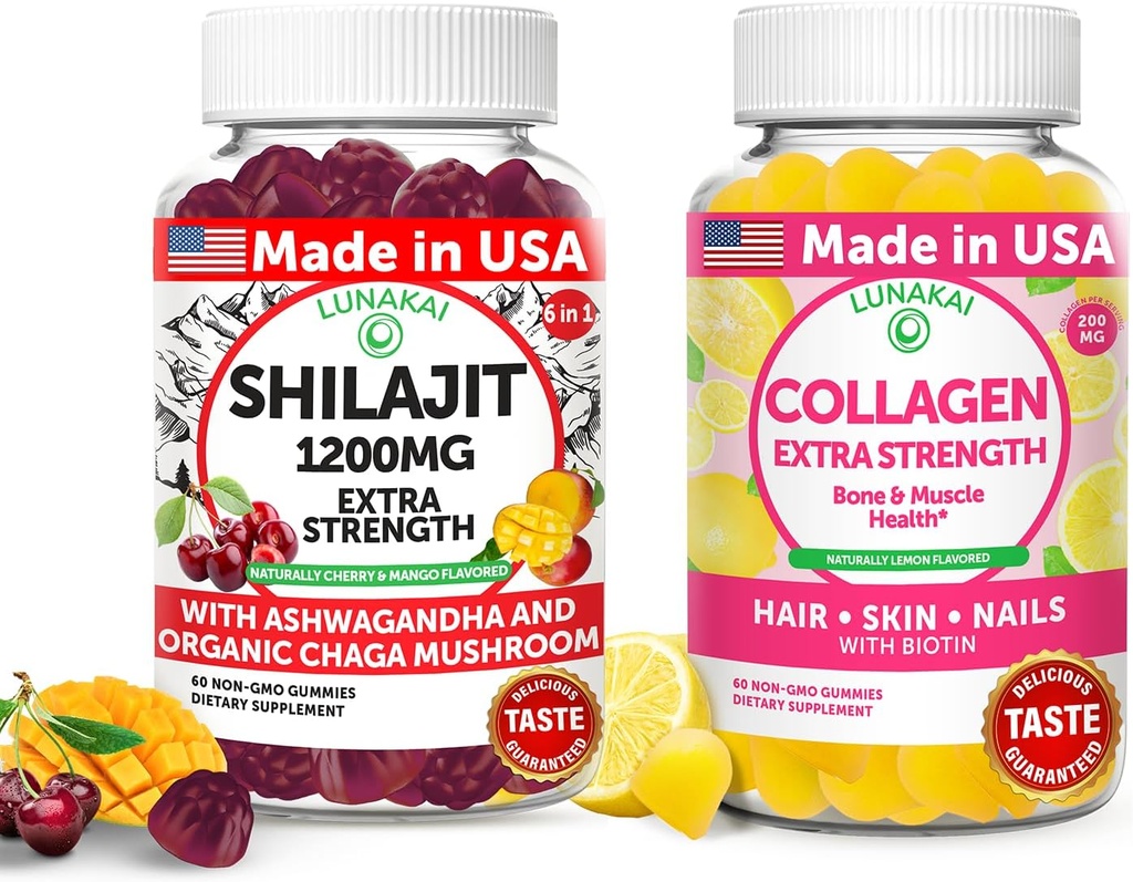 Lunakai USA a fabriqué Shilajit & Collagen Extra Strength Gummies Bundle – Energy, Hair, Skin, and Nail Support – Delicious & Non-GMO