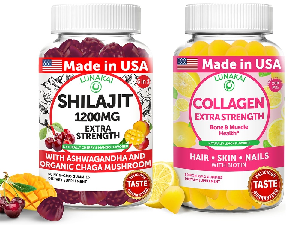 Lunakai USA a fabriqué Shilajit & Collagen Extra Strength Gummies Bundle – Energy, Hair, Skin, and Nail Support – Delicious & Non-GMO