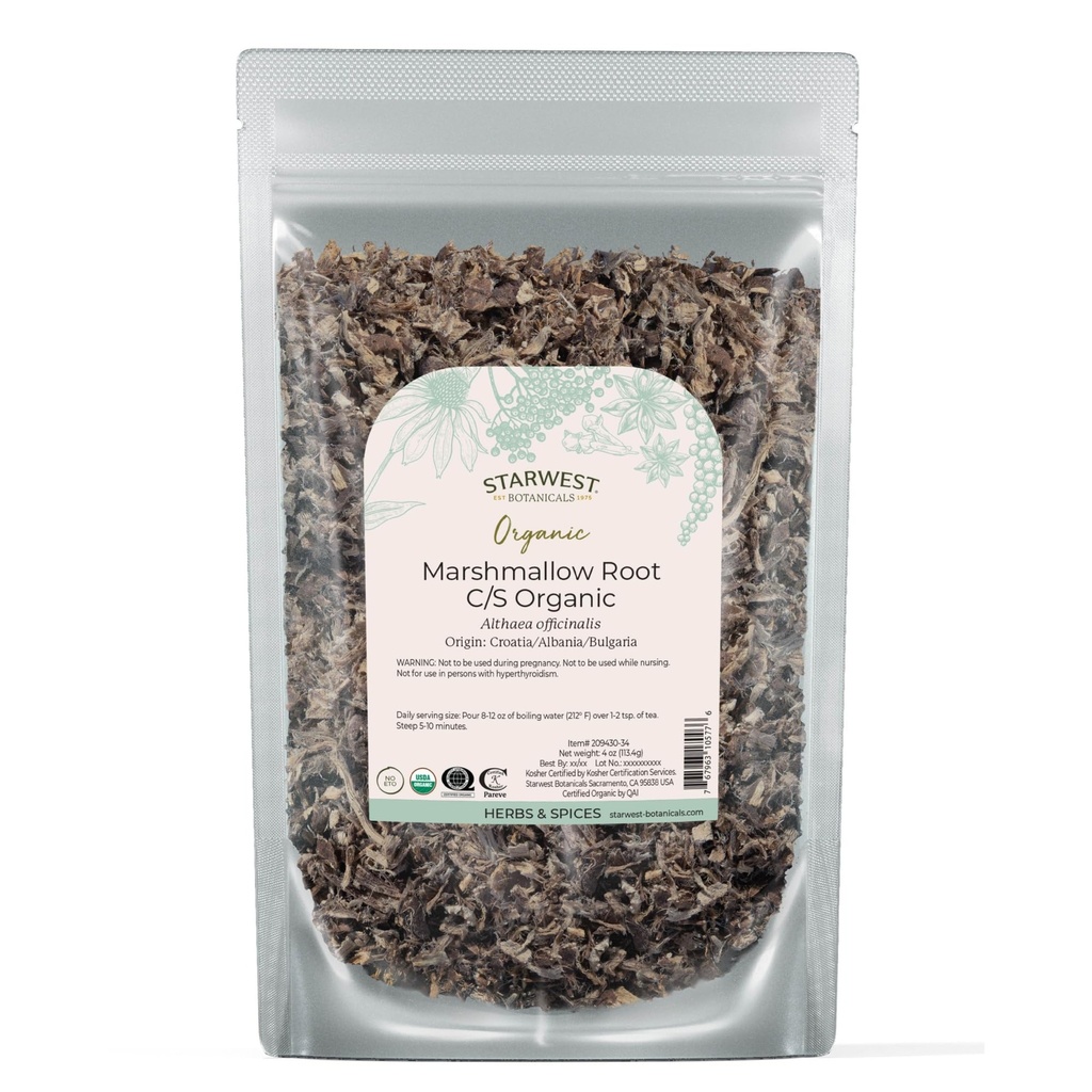 Starwest Botanicals Racine de marshmallow biologique - Herbe séchée pour thé, racines de feuilles molles, coupée et tamisée, casher certifié, non-OGM - 4 oz Pouch