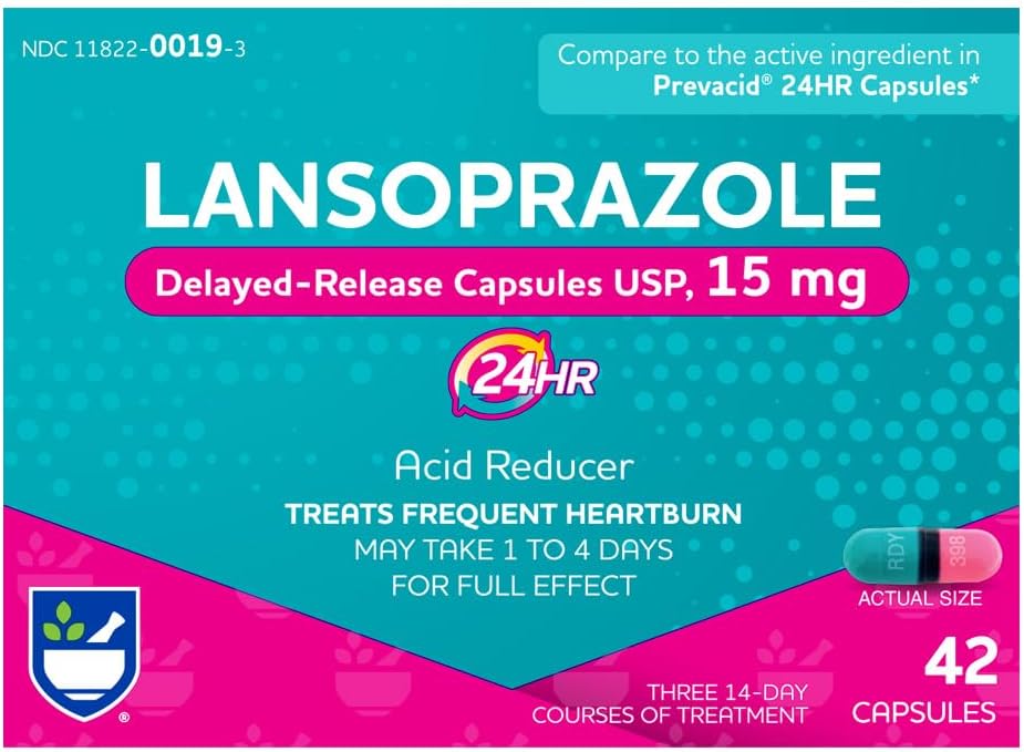 Rite Aid Lansoprazole 15mg - 42 Capsules, Acid Reducer Capsules de libération retardée USP, Heartburn Relief et le reflux acide, jusqu'à 24 heures de soulagement
