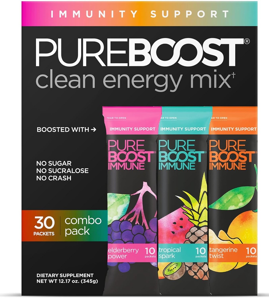 Pureboost Immune Clean Energy Booster, Refreshing Energy Drink Mix and Immunity Supplement with Elderberry, 1,200 mg Vitamin C, Vitamins A + D, and Zinc. Sugar-Free (Combo Pack, 30 Count)