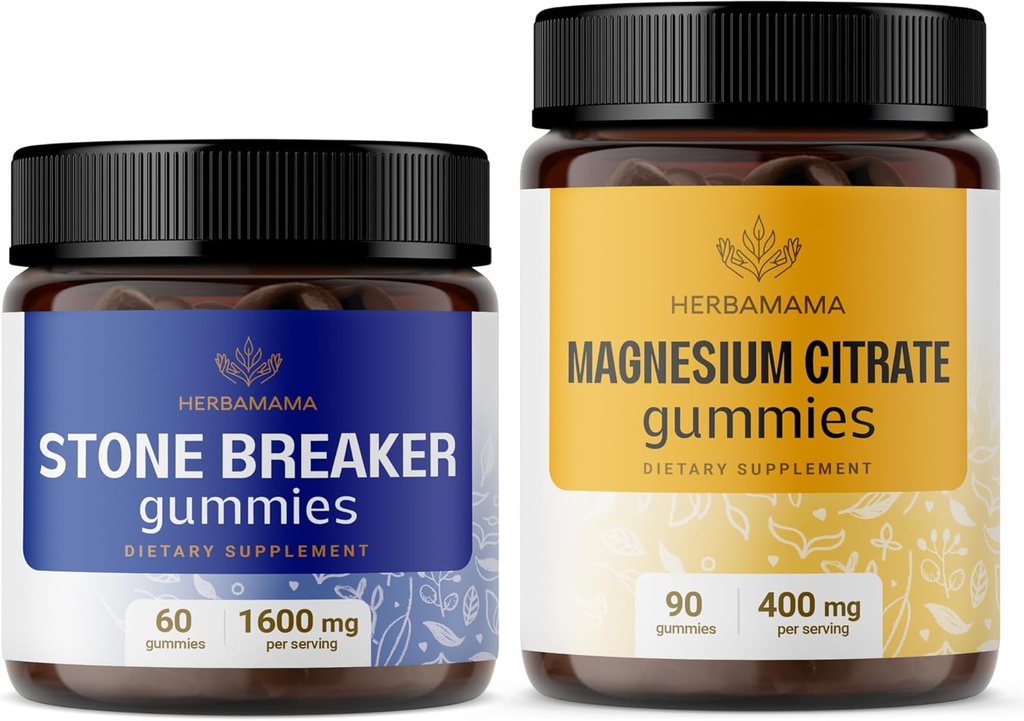 HERBAMAMA Stone Breaker and Magnésium Kit - Ensemble de 1600 mg Chanca Piedra et 400 mg Magnésium Citrate Gummies - Vegan, non-OGM, sans gélatine - 2 Pack