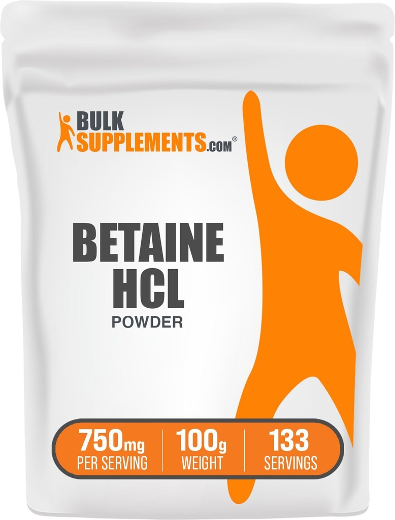 BulkSupplements.com Poudre de HCl bétaïne - Supplément de chlorhydrate de bétaïne, Soutien digestif - Sans gluten, 750mg par portion, 100g (3,5 oz) (paquet de 1)